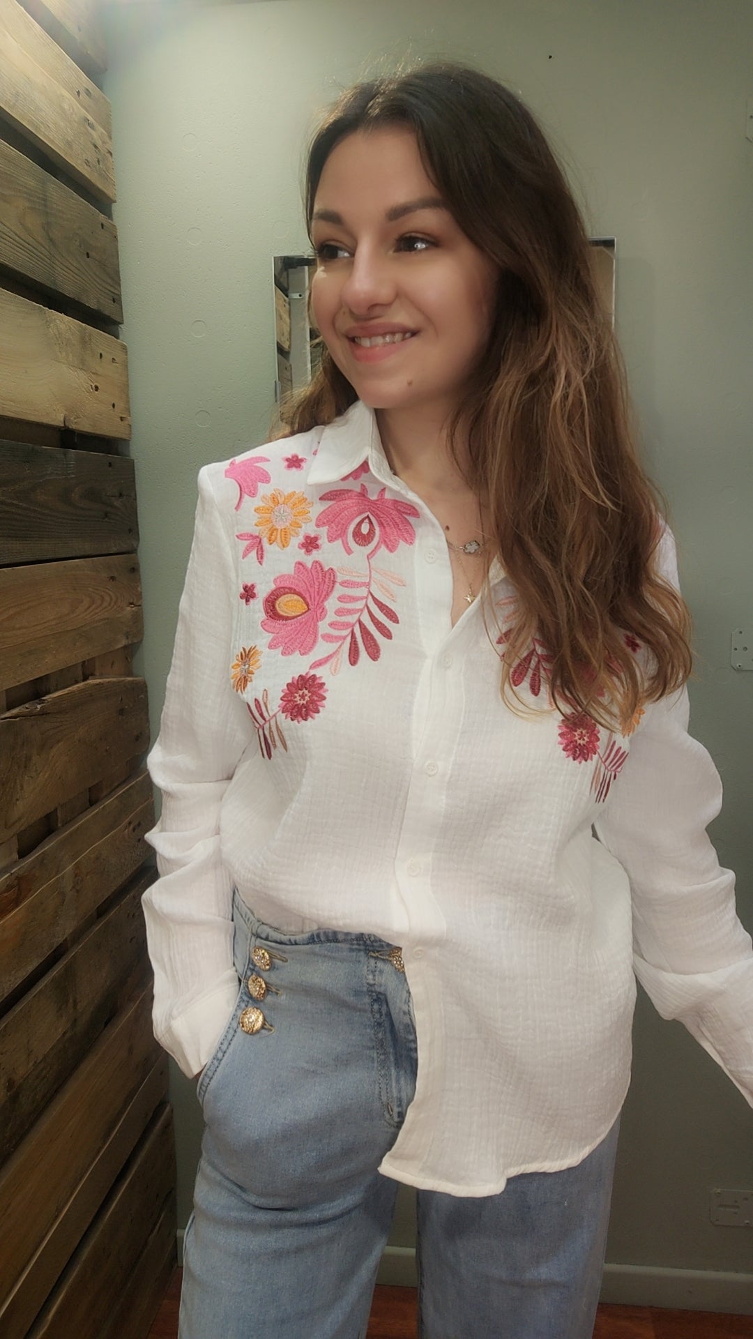 Chemise gaze de coton brodée rose