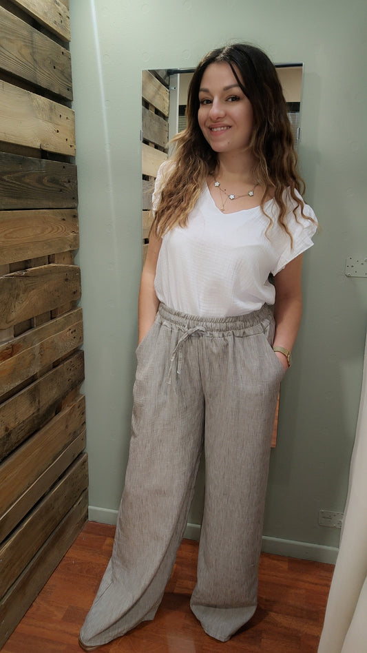 Pantalon large effet lin (blanc ou taupe)