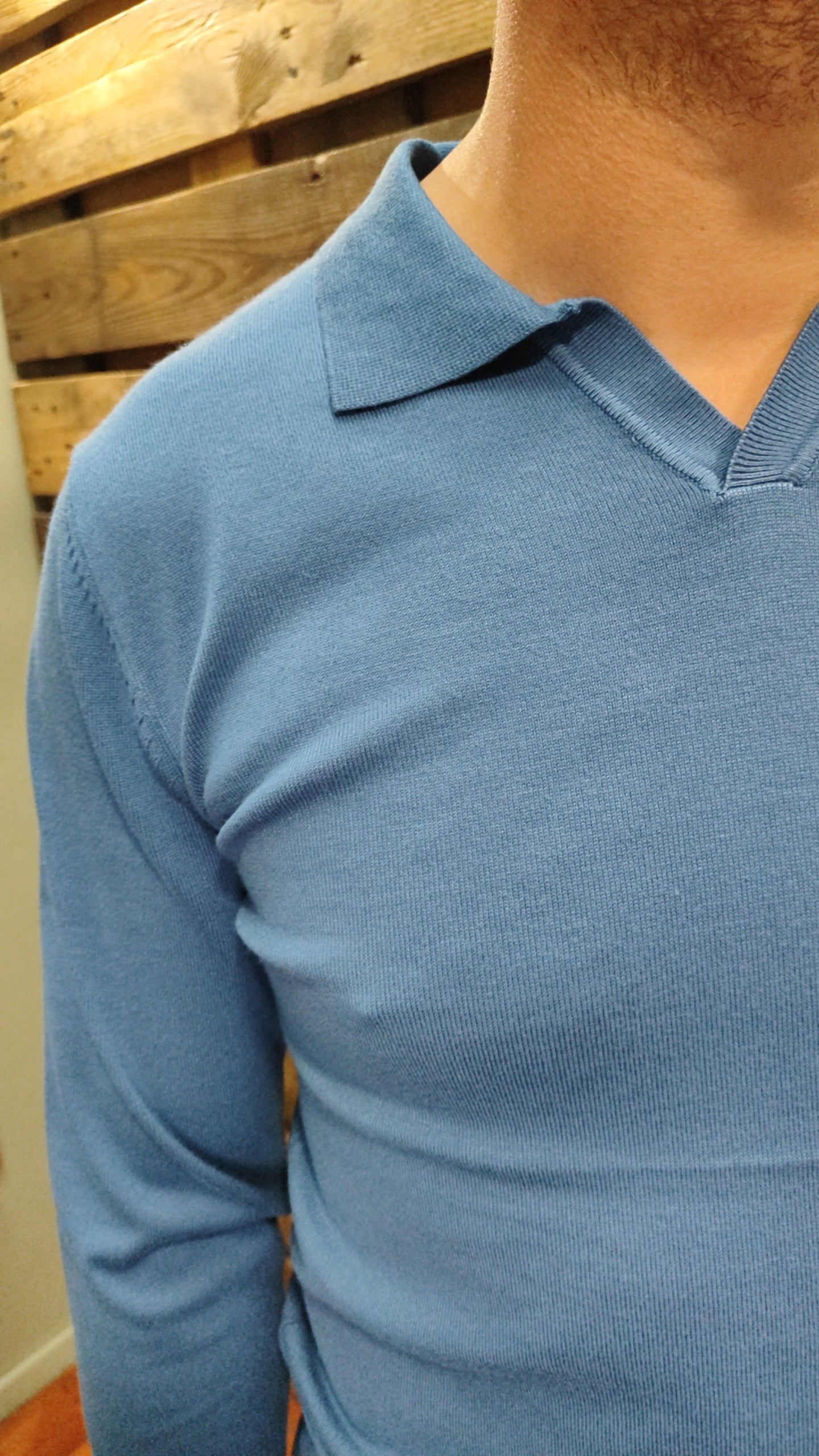 Pull fin col chemise bleu