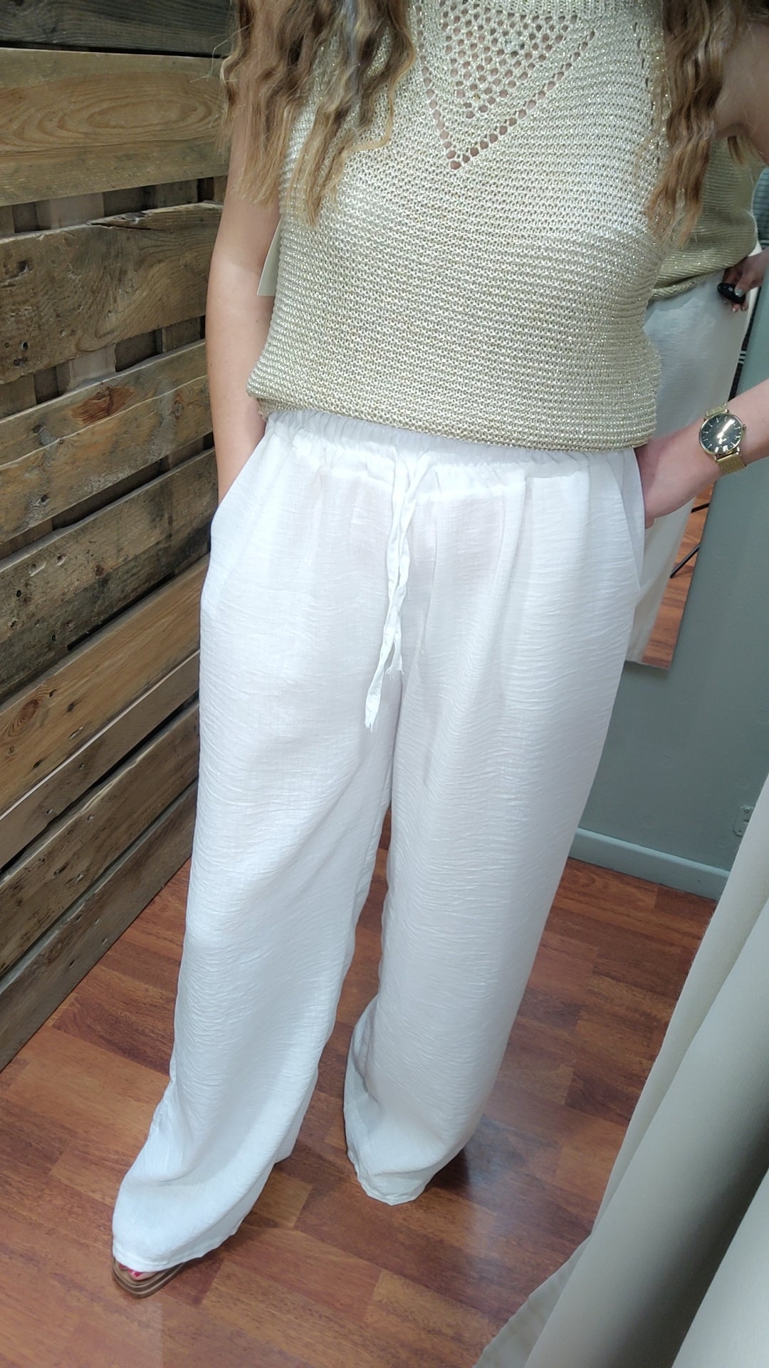 Pantalon large effet lin (blanc ou taupe)
