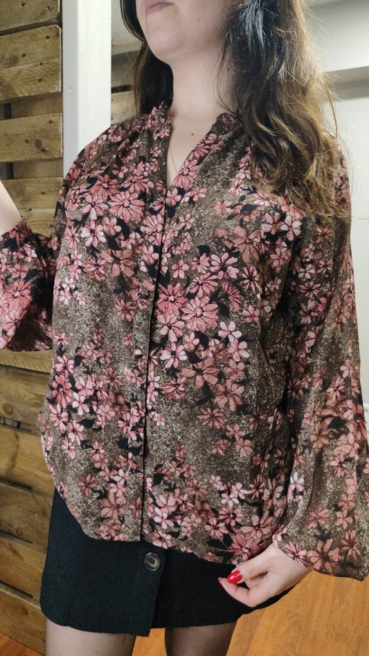 Chemise choco/noir fleurie rose