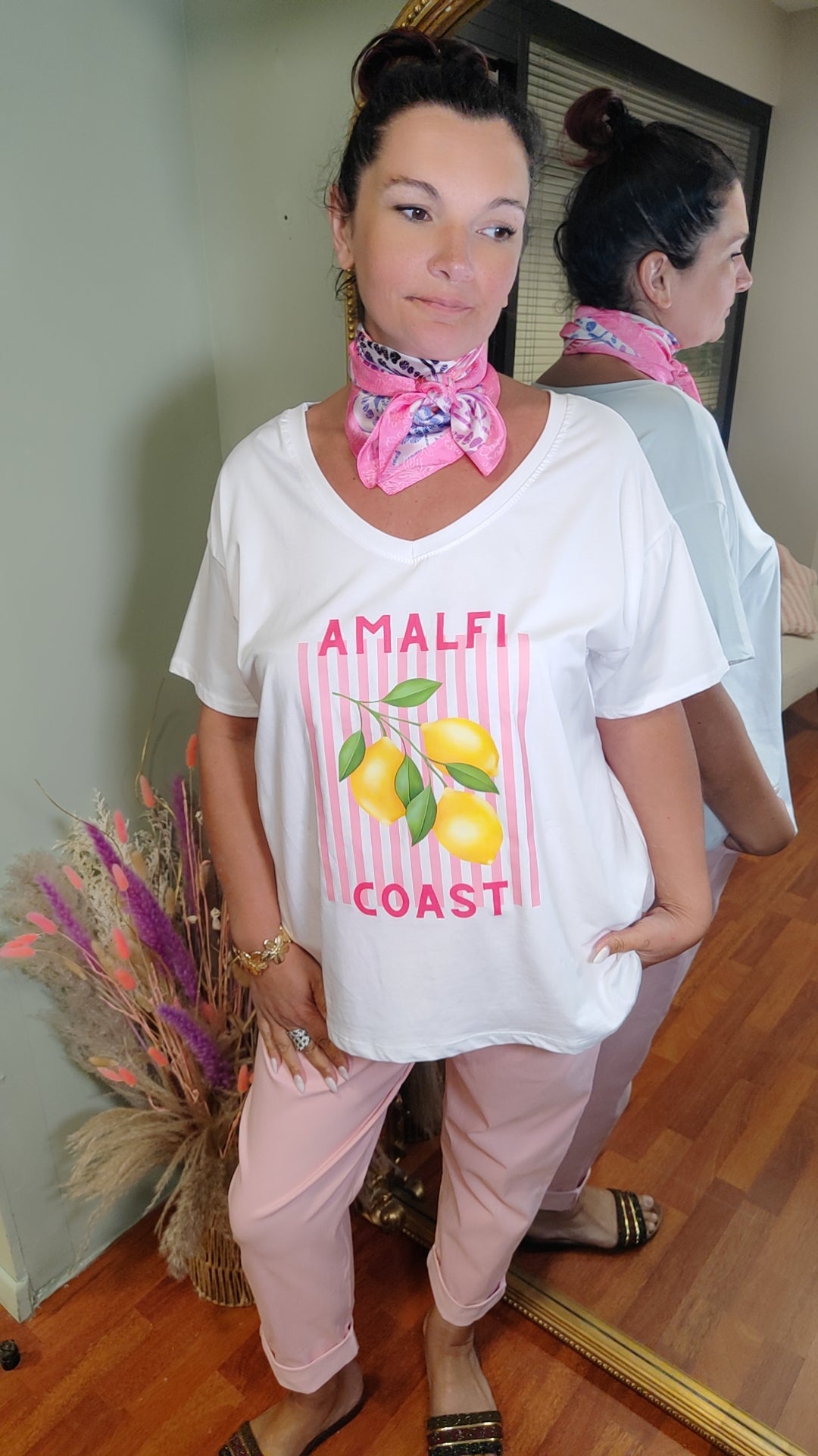 T-shirt citron blanc et rose