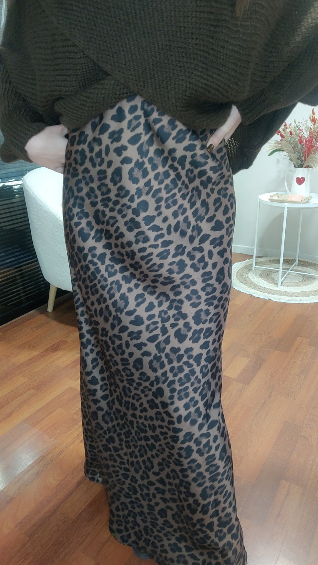 Jupe longue satinée léopard choco