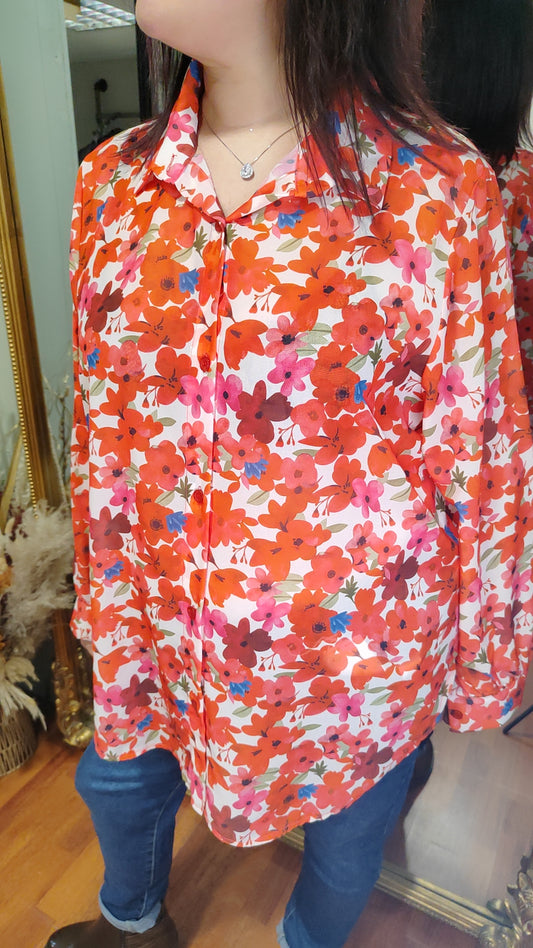 Chemise fleurie longue blanche/rouge