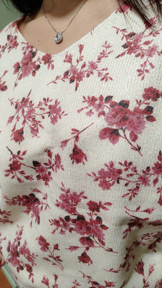 Pull beige fleuri doré