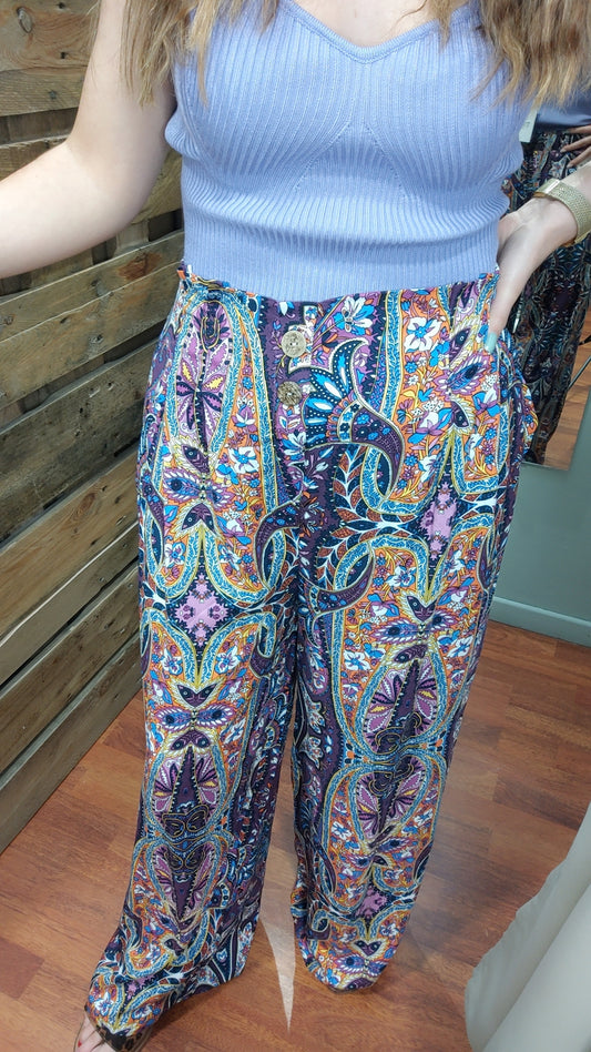 Pantalon fluide violet boutons en bois