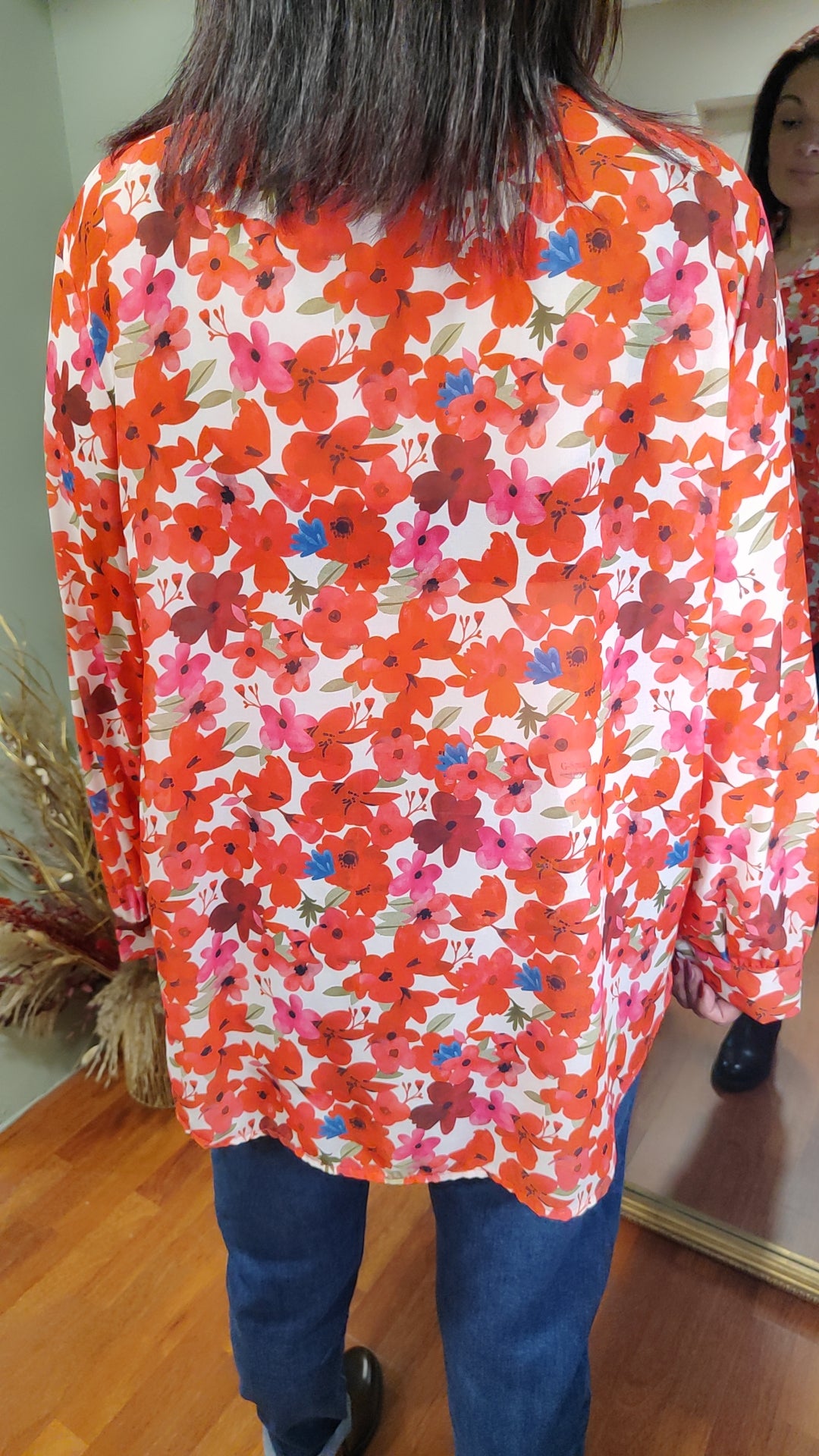 Chemise fleurie longue blanche/rouge