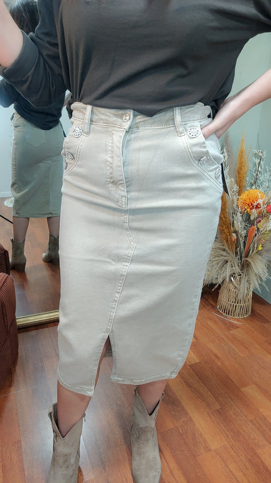 Jupe jean beige boutons brillant