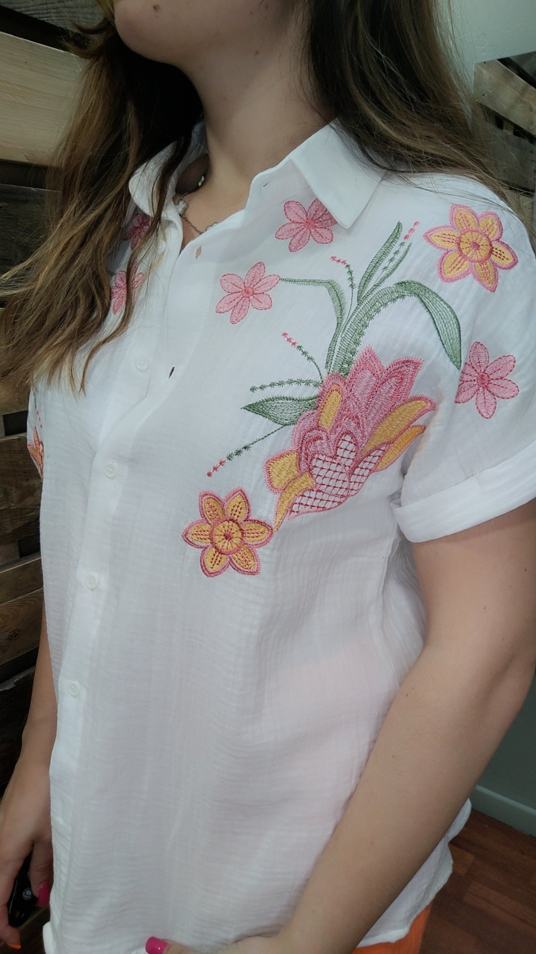 Chemisette gaze de coton broderie rose