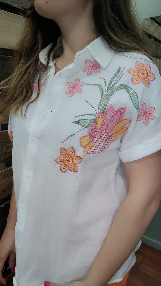 Chemisette gaze de coton broderie rose