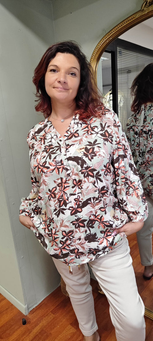 Blouse imprimée fleurie marron/sauge