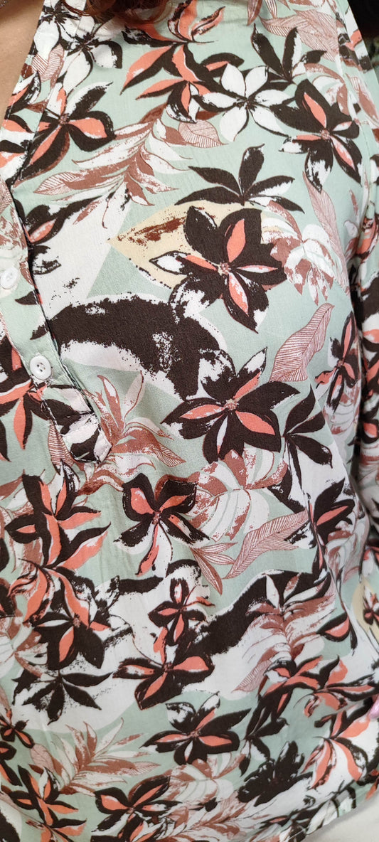 Blouse imprimée fleurie marron/sauge