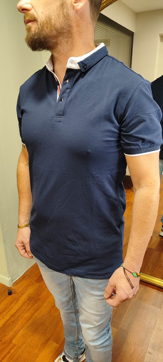 Polo marine col blanc