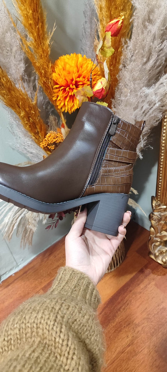 Bottines chocolat détails croco