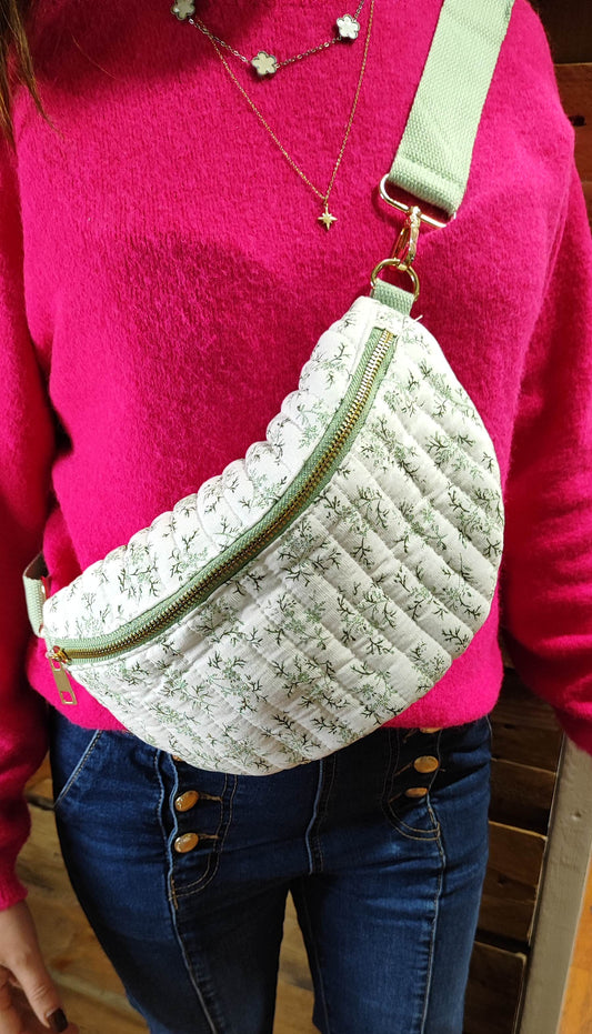 Sac banane matelassé fleuri sauge