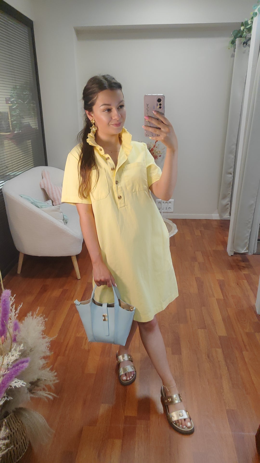 Robe jean jaune col victorien