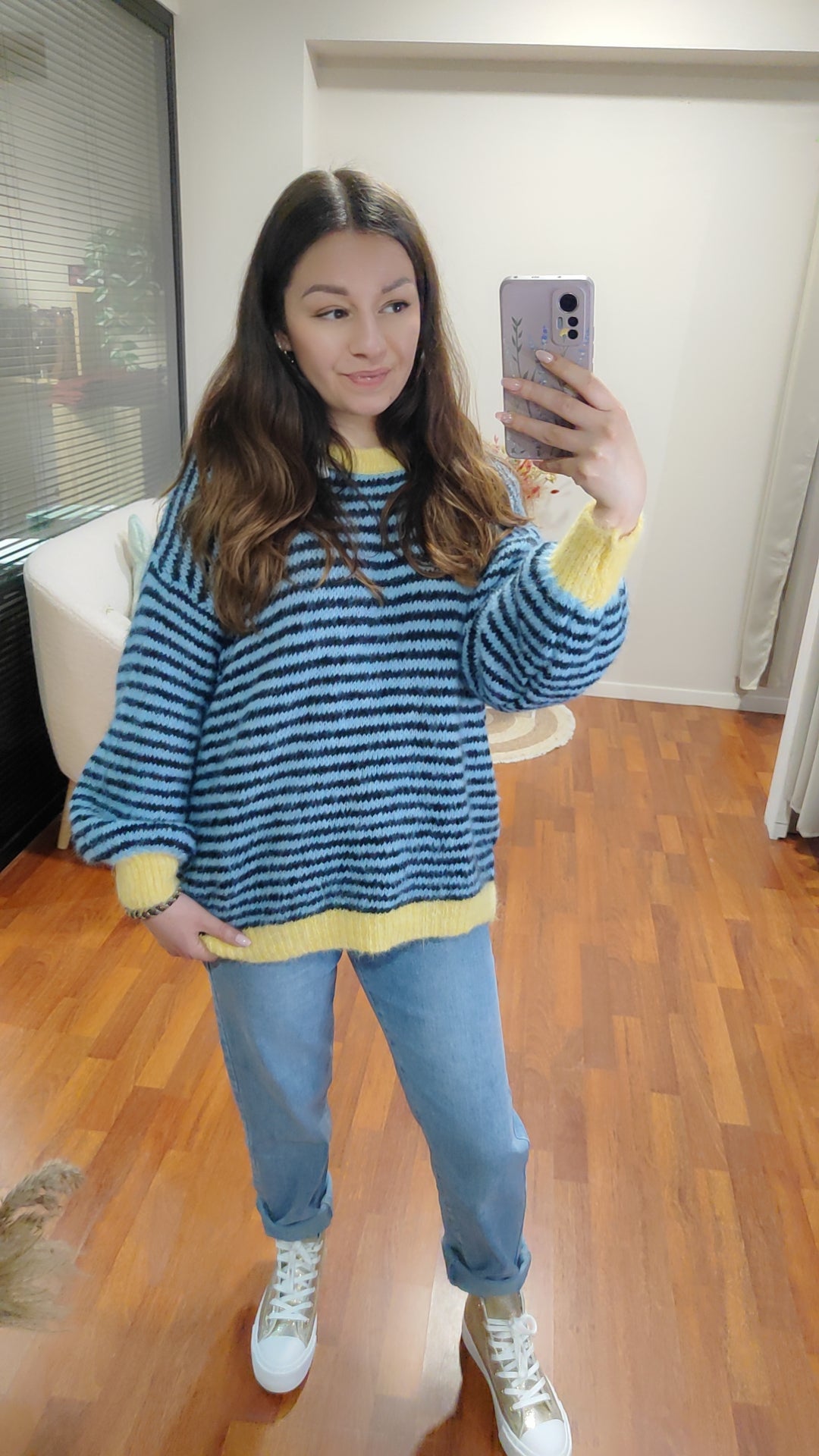 Pull rayures bleu/jaune