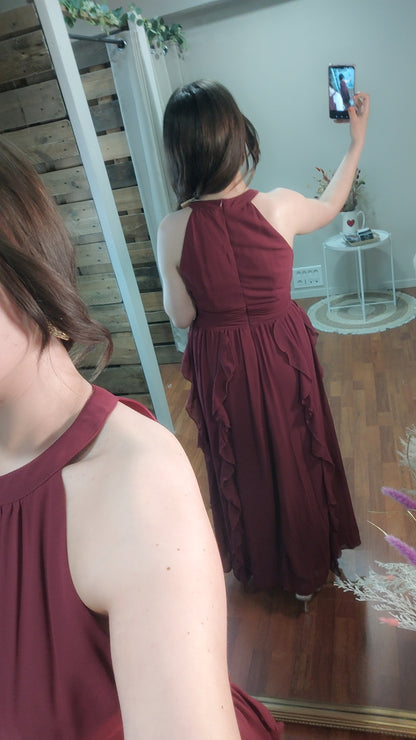 Robe longue cérémonie bordeau à volants