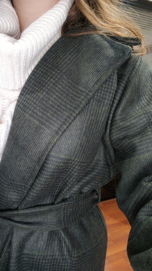 Manteau long à carreaux kaki et noir