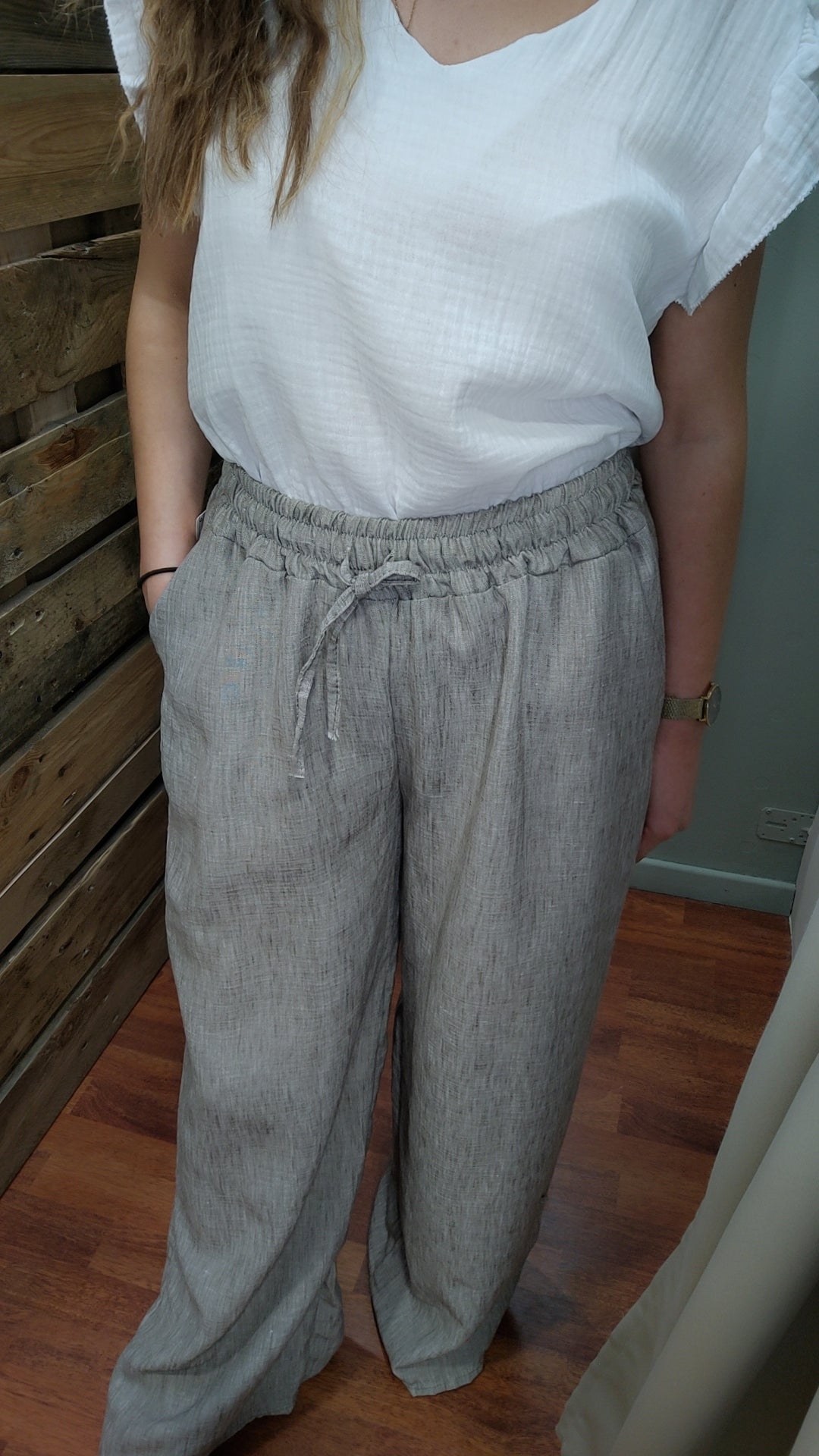 Pantalon large effet lin (blanc ou taupe)