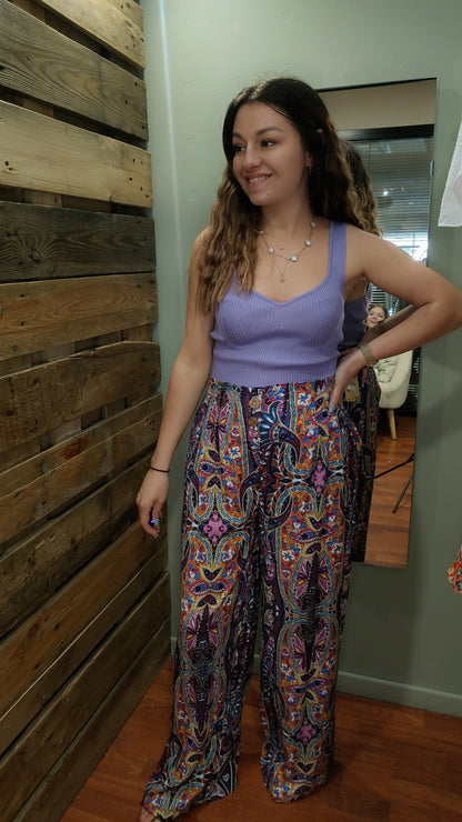Pantalon fluide violet boutons en bois