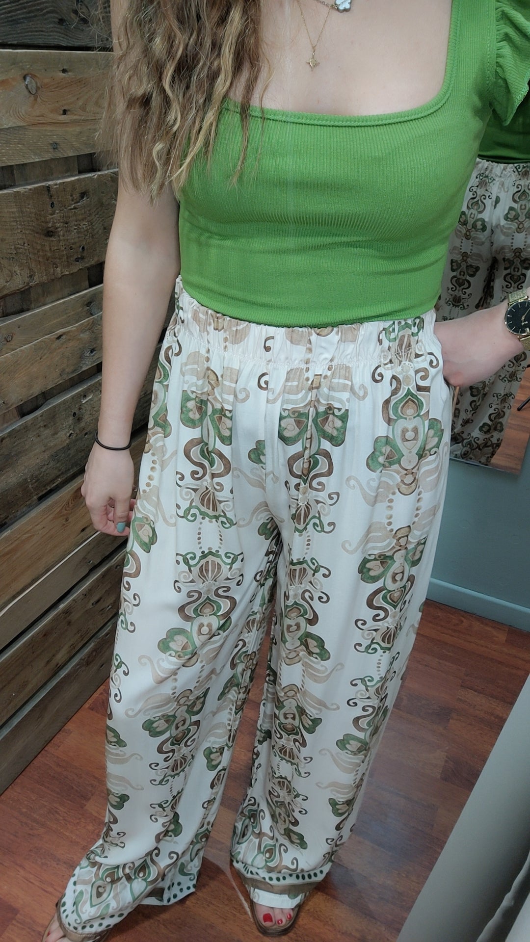 Pantalon imprimé baroque beige/vert