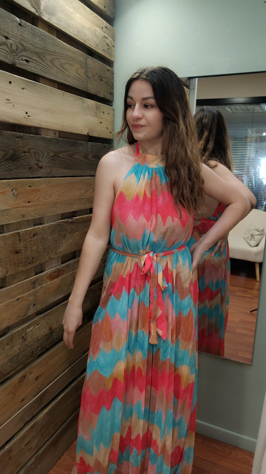 Robe longue plissé multicolore