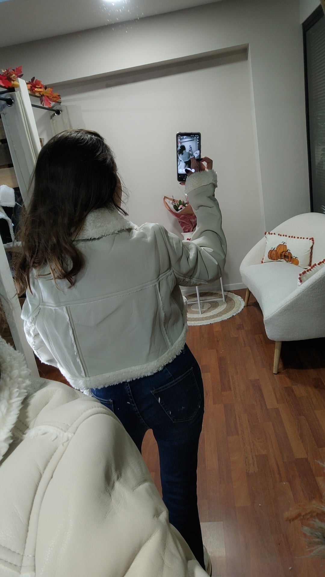 Veste aviateur fourrée écru