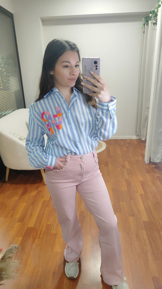 Jean wide leg rose poudrée tressed poche