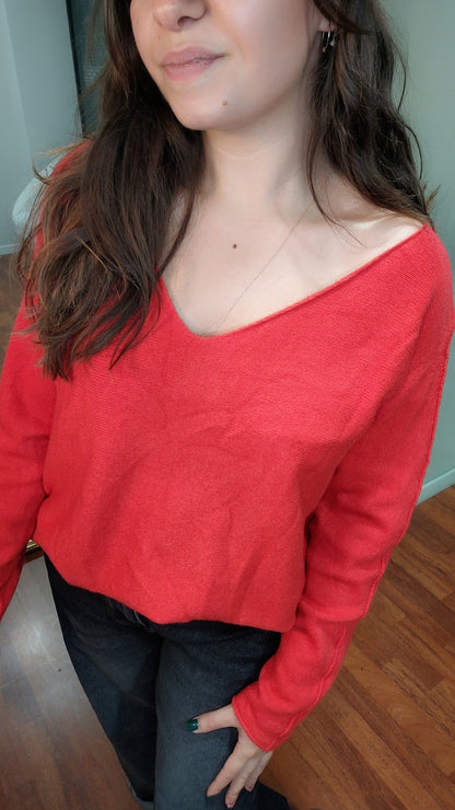 Pull tout doux col V prune, rouge ou lilas