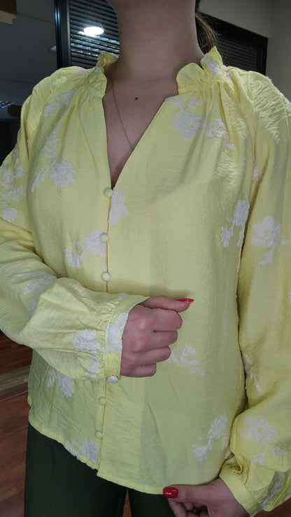 Blouse jaune citron broderie blanche