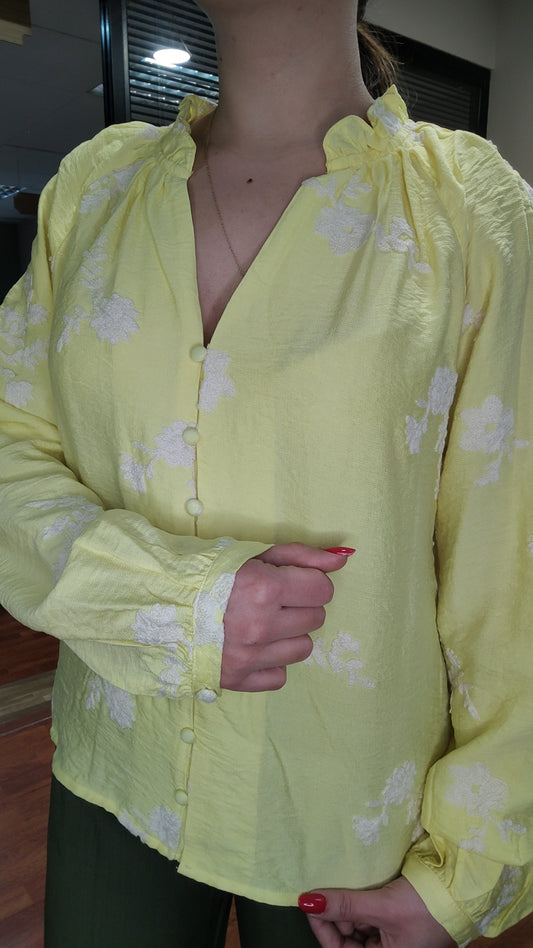 Blouse jaune citron broderie blanche