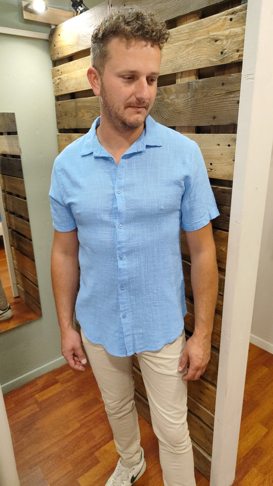 Chemisette coton et lin bleu ciel