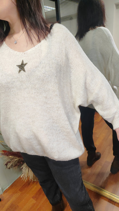 Pull maille beige étoile