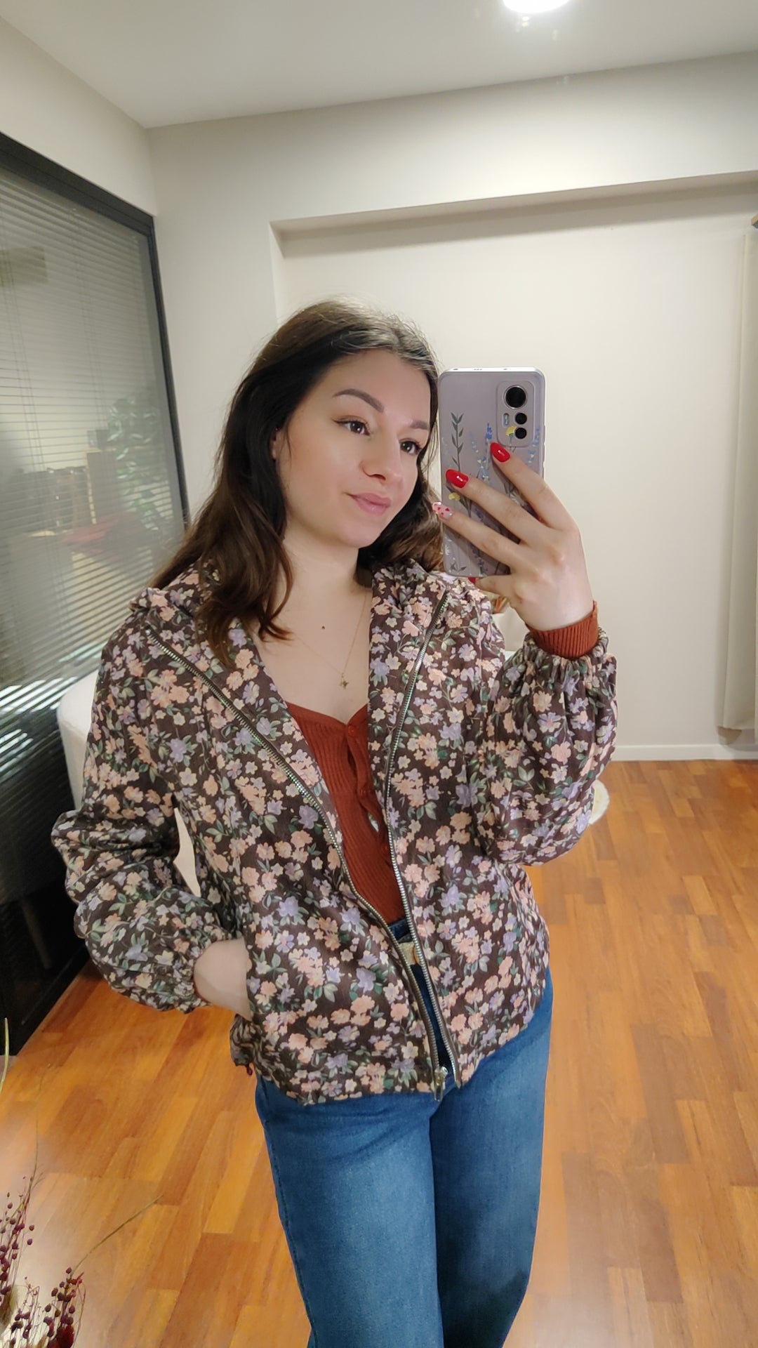 Veste à zip fleurie cotelée