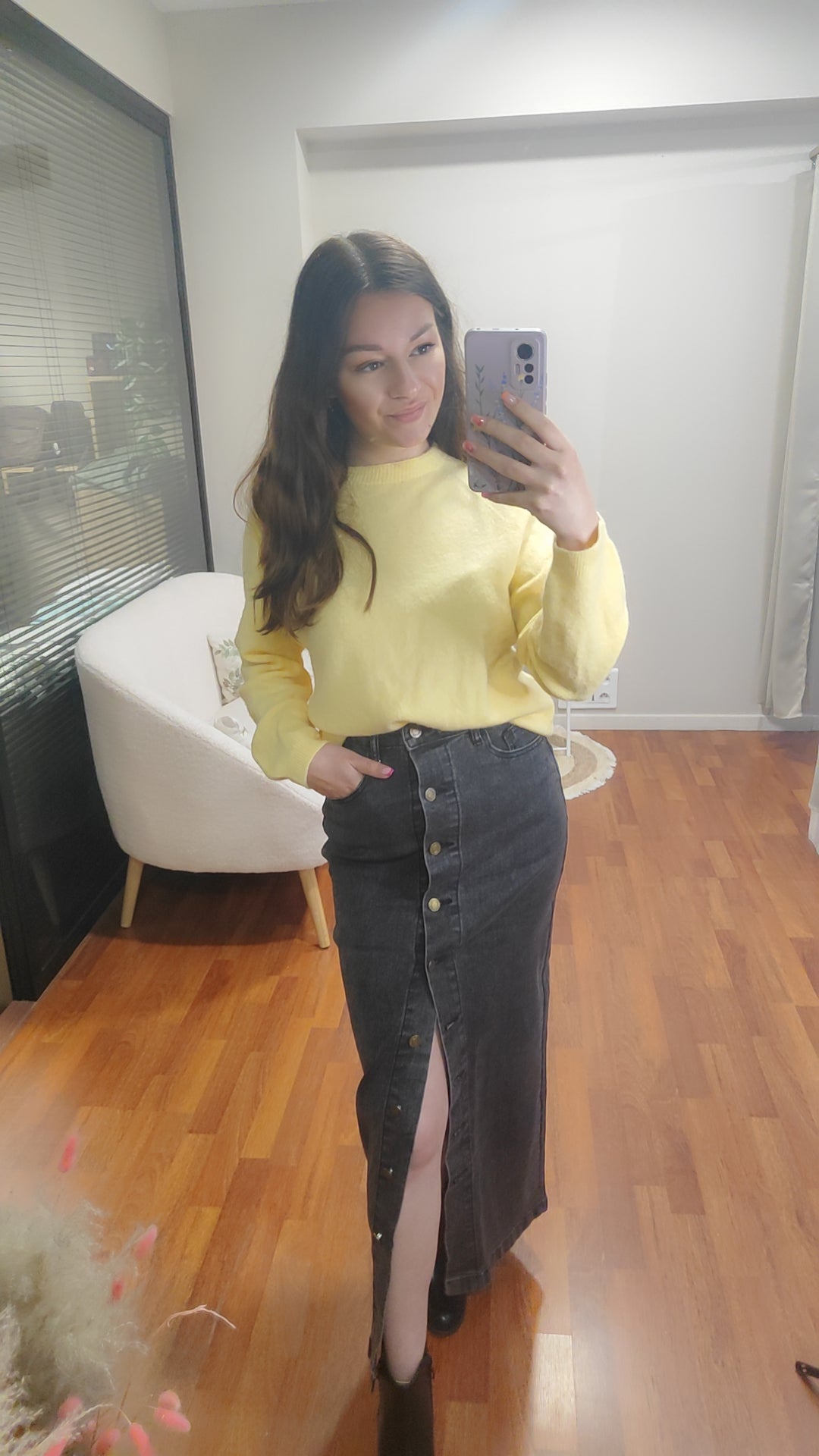 Jupe longue jean gris boutons