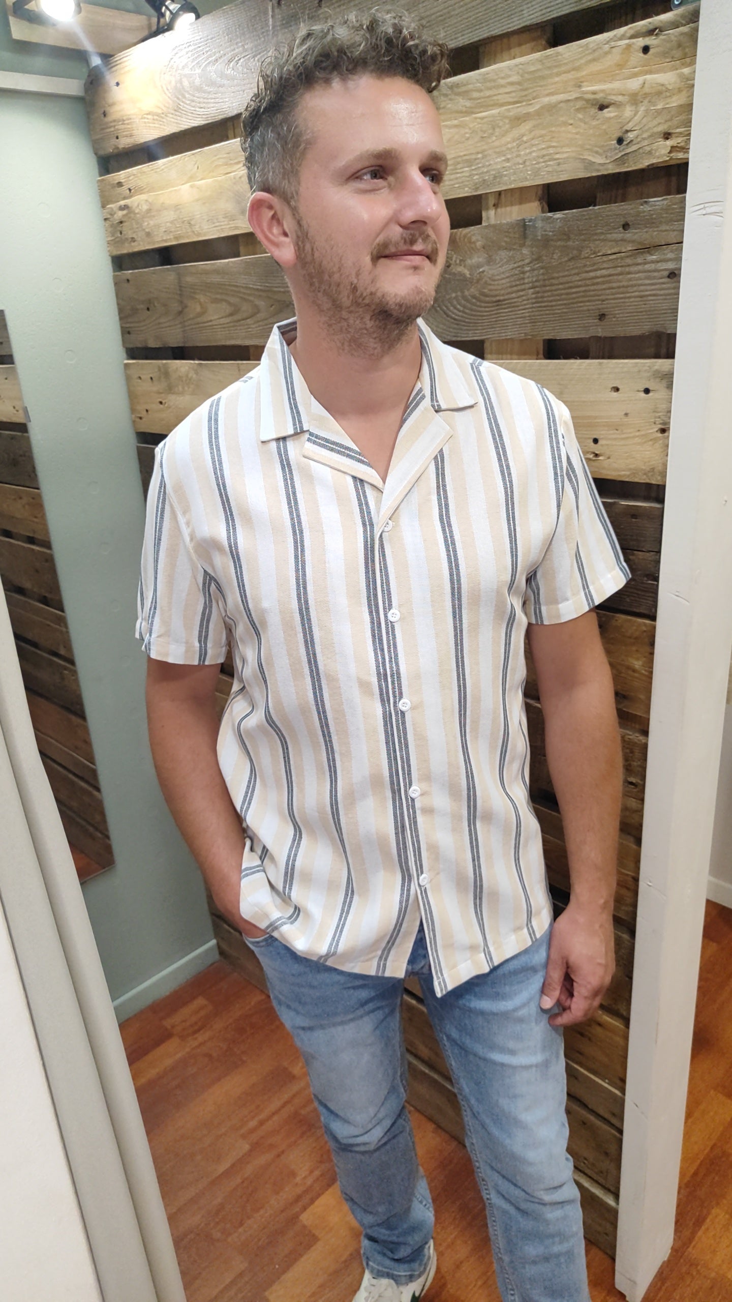 Chemisette coton et lin rayures beige