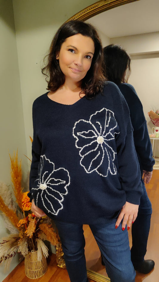 Pull long fleurs et perles