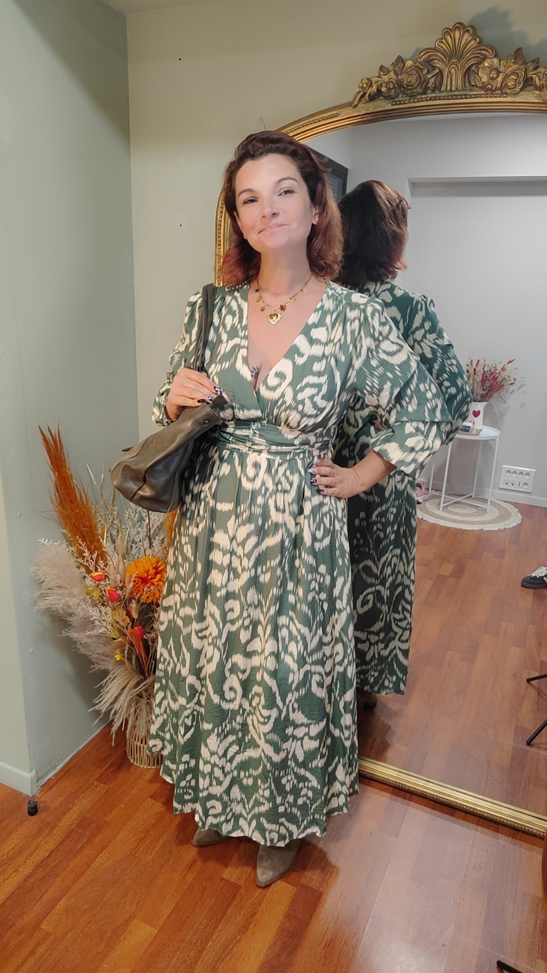 Robe longue imprimé vert et beige