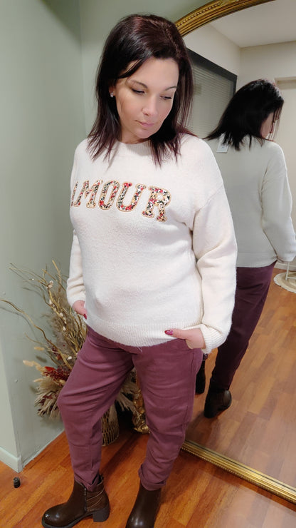 Pull beige AMOUR fleuri