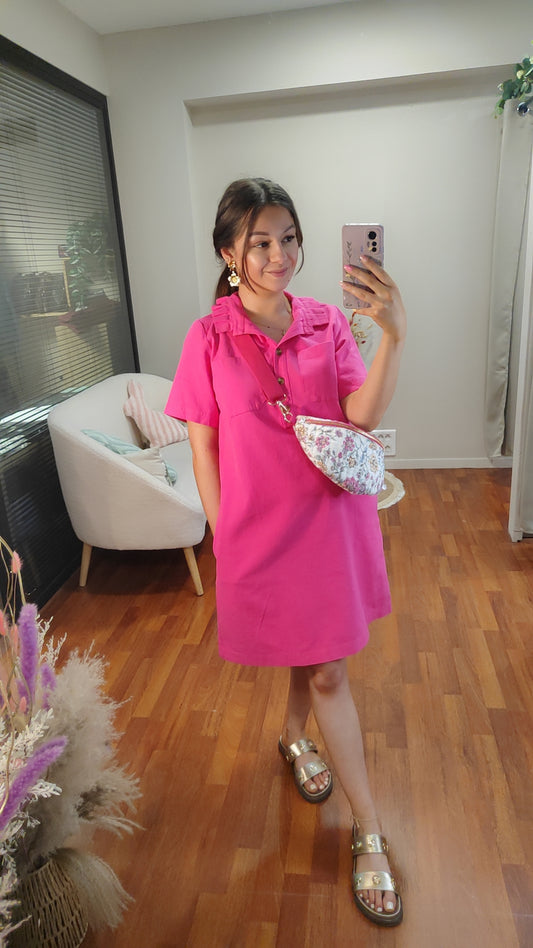 Robe jean fuchsia col victorien
