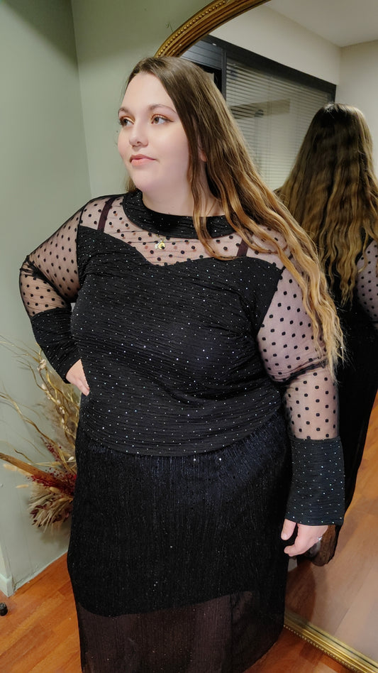 Blouse paillette et dentelle à pois