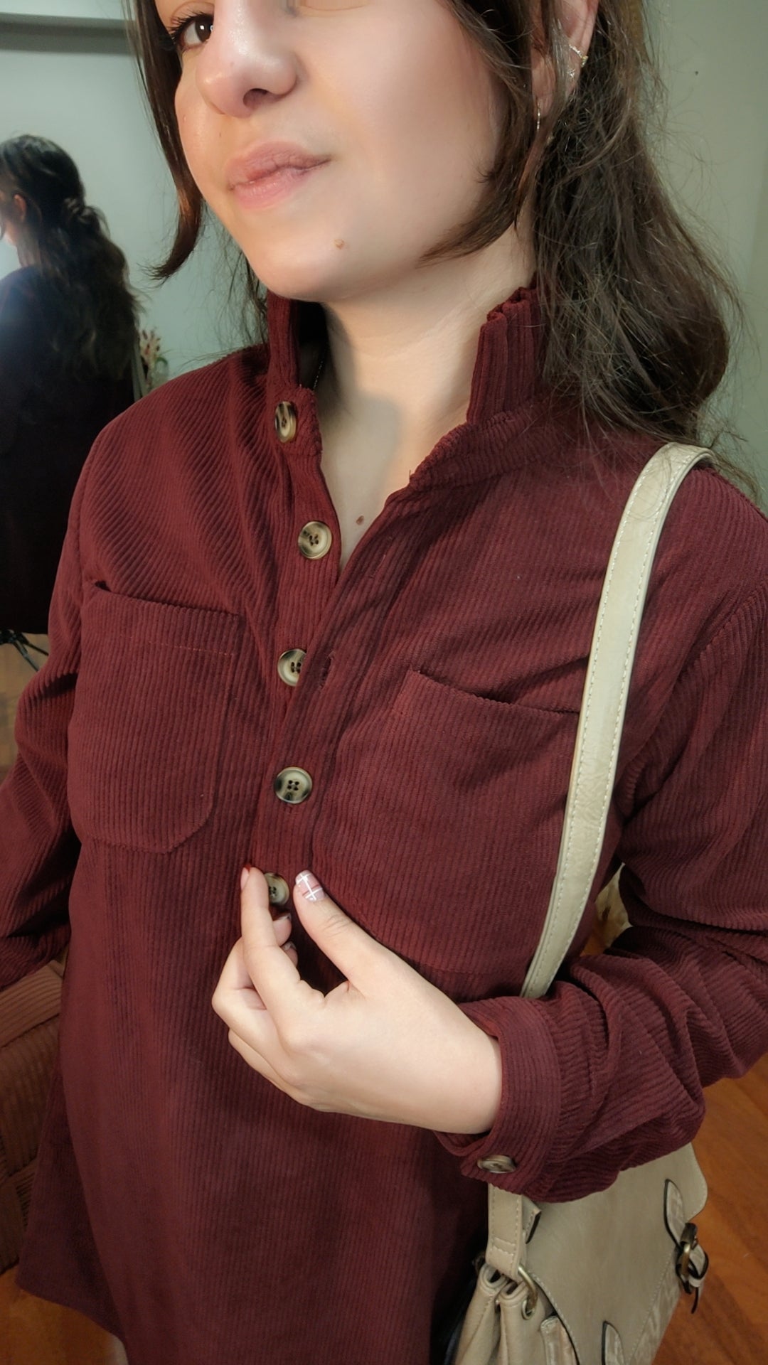 Robe velours côtelé bordeau col plissé