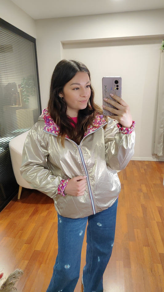 Parka réversible motifs rose-lilas