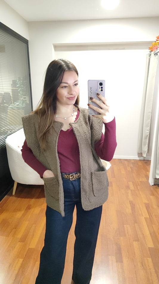 Gilet sans manches teddy choco ou bordeaux