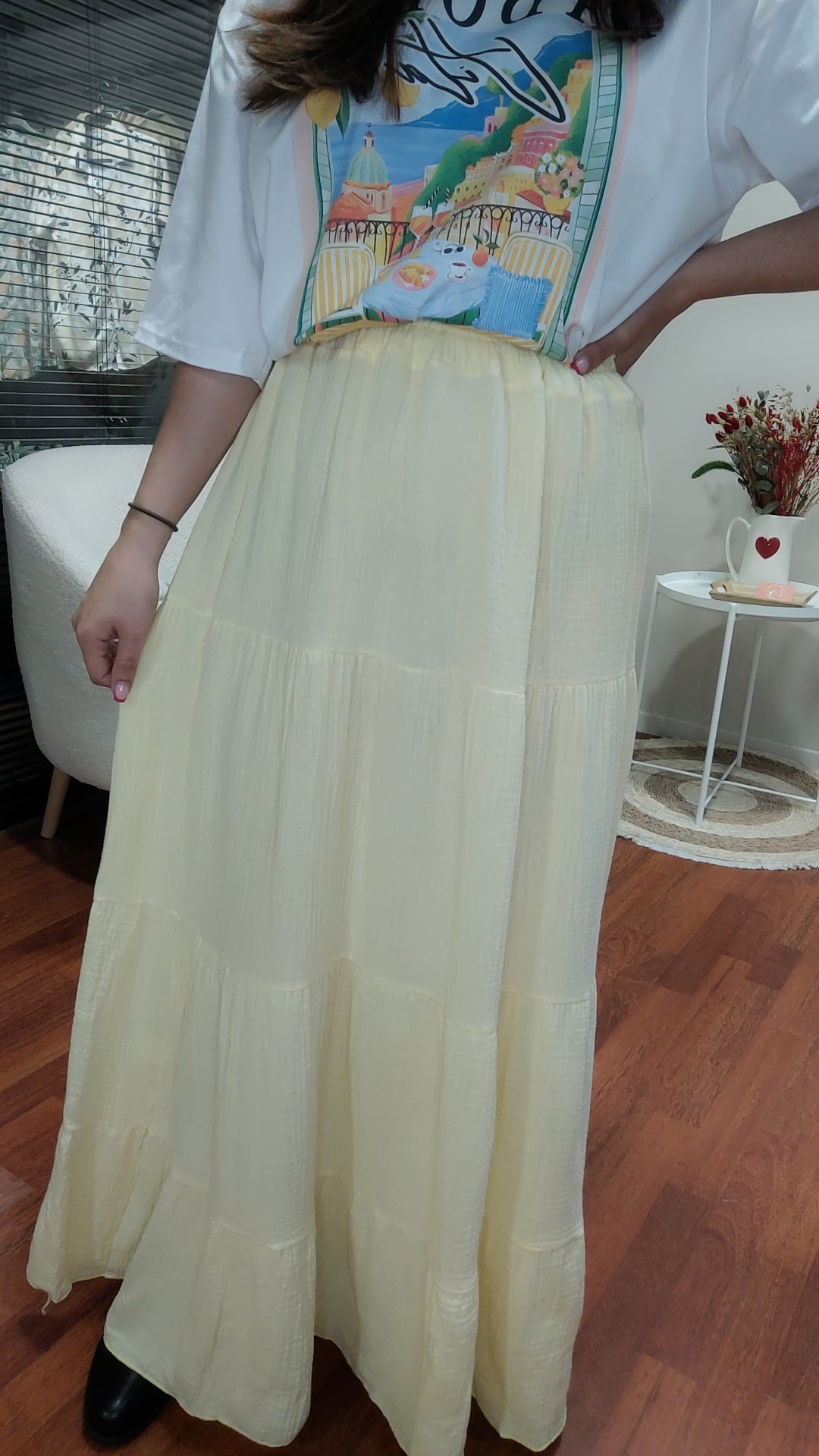 Jupe longue gaze jaune pastel