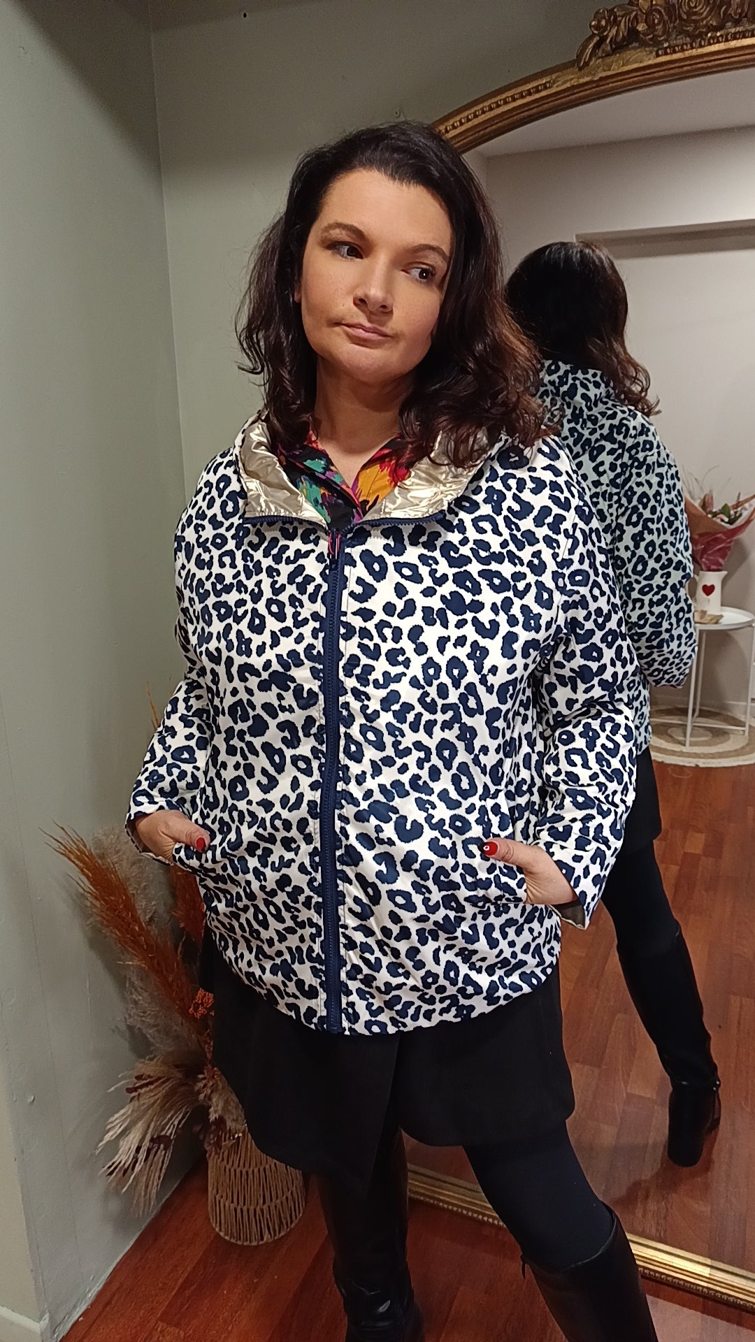 Parka réversible léopard marine/doré