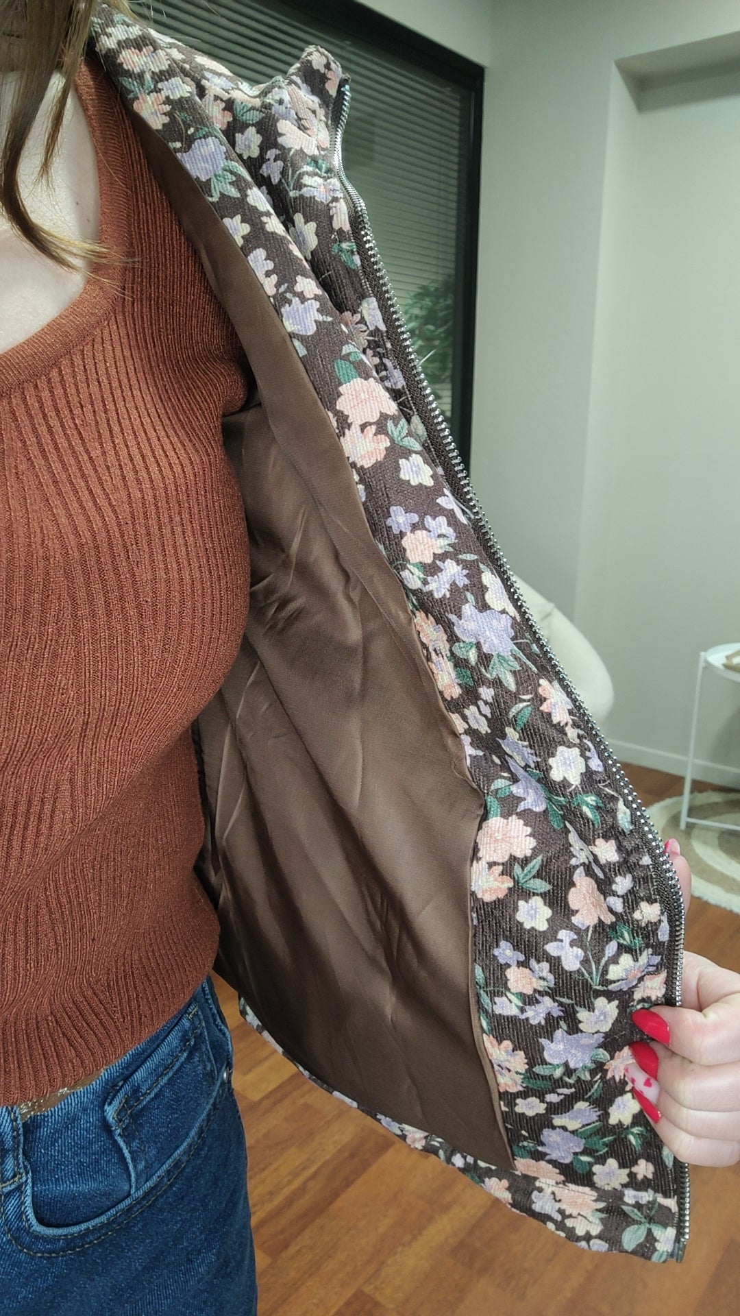 Veste à zip fleurie cotelée