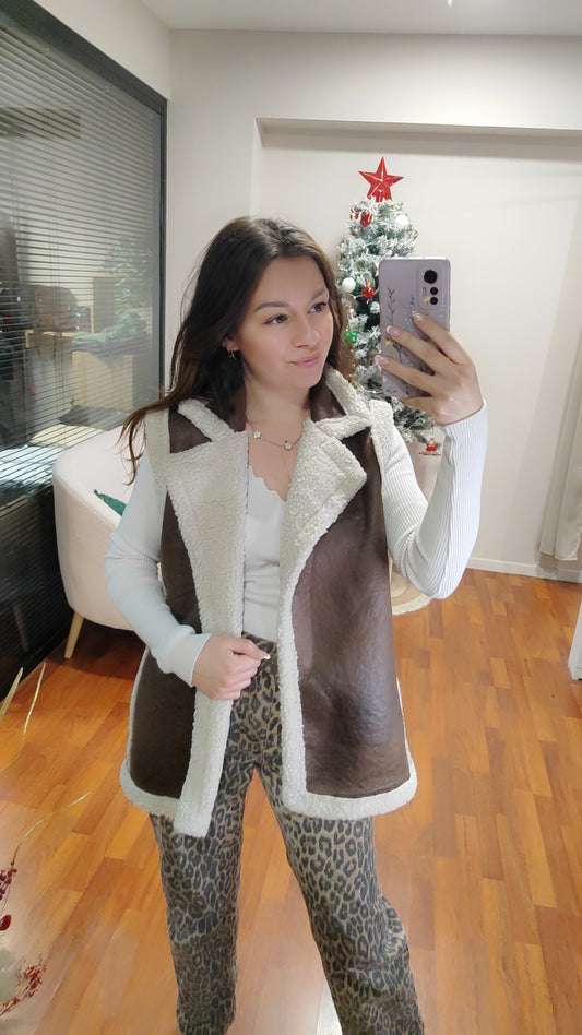 Veste sans manches motard chocolat lainée