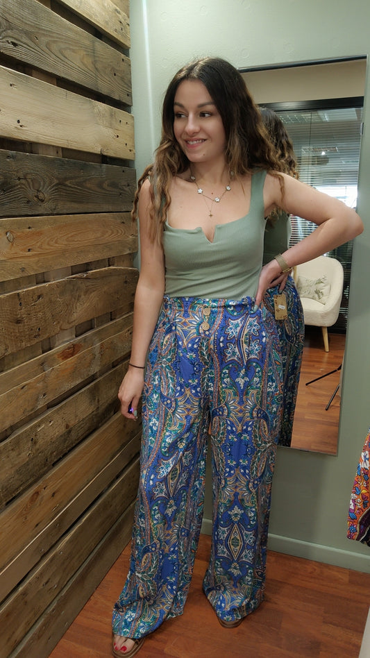 Pantalon fluide bleu bontons bois